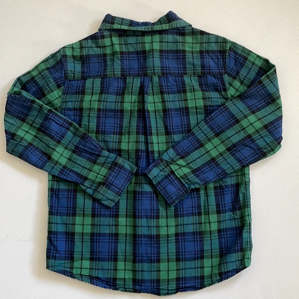Gymboree long sleeve blue, black & green plaid button down shirt.  Boys size L